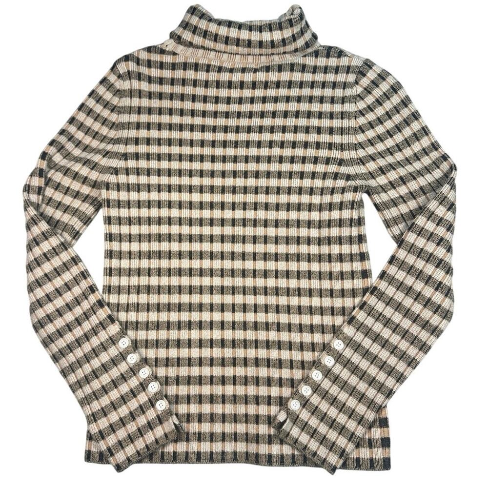 Maeve Sweater Plaid Turtleneck Button Cuff Medium Neutral
